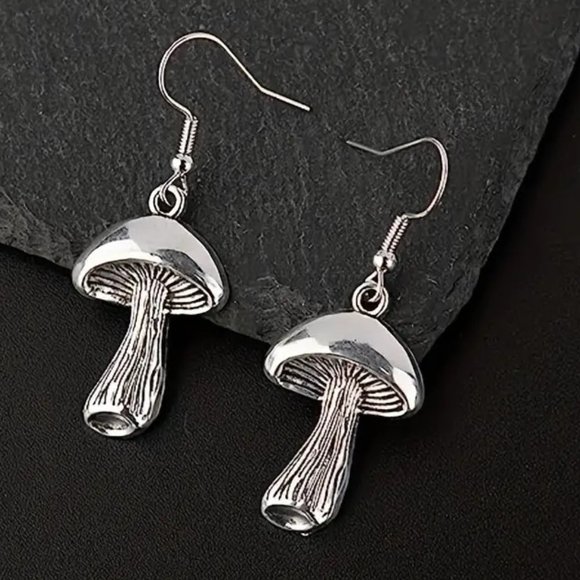 Mushroom Earrings Boho Hippie Core 3D Silver Alice Wonderland Trippy - Picture 1 of 1